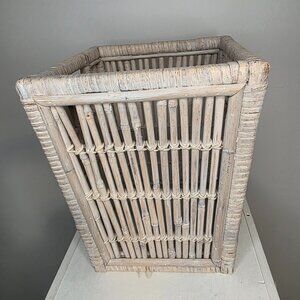 Vintage Woven Wicker Bamboo Whitewashed Waste Basket